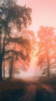 A road in the fog with trees and fog photo