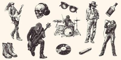 Grunge rockstar vibes sketch collection capturing music, rebellion, and timeless artistry vector