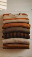 Stack of sweaters on a wooden shelf photo