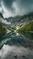 A mountain lake surrounded by trees and clouds photo