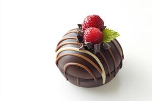 A chocolate covered raspberry on top of a white background photo