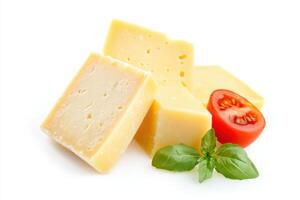 Mozzarella cheese blocks with fresh tomato and basil on a clean white background showcasing culinary elegance photo