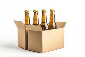 Six beer bottles in cardboard boxes on white background photo