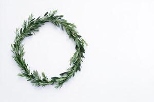 Fresh greenery wreath showcases minimalist elegance for home decor and seasonal festivities photo
