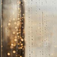 Close-up of raindrops cascading down a tall windowpane with a dreamy blurred backdrop photo