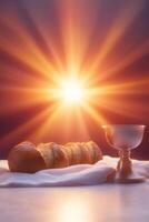 A chalice and bread on a table with a sun shining behind it photo