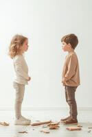 Conflict emerges as two children stand apart, confronting each other over a broken toy in a calm indoor setting photo