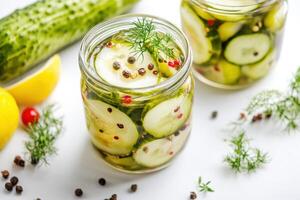 Two jars filled with pickles and cucumbers photo