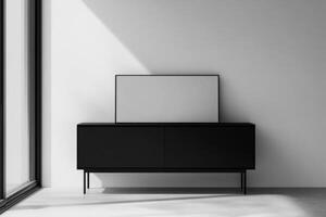 A black sideboard with a mirror and a lamp photo
