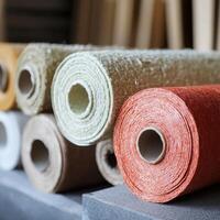 Insulation rolls displayed in a workshop environment showcasing various colors and textures for building projects photo