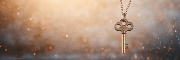 A key with a flower on it is hanging on a chain photo