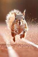 Squirrel showing determination while sprinting on a track in a fun athletic display photo