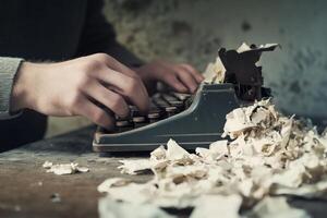 A person typing on an old typewriter with paper scattered around photo