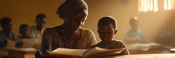 Teacher helps a child overcome reading challenges in a supportive learning environment photo