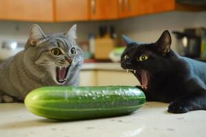 Cats engage in a fierce showdown with a cucumber in the kitchen, showcasing wild expressions and playful antics photo