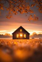 A small wooden house in the middle of a field at sunset photo