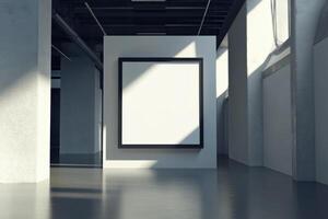 An empty room with a large blank frame photo