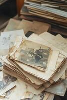 Old photographs and documents are piled up on a table photo