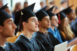 Graduates in caps and gowns sitting in rows photo