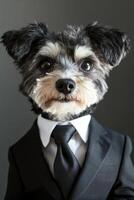 Nervous dog prepares for a job interview in a tiny suit showcasing confidence and charm photo