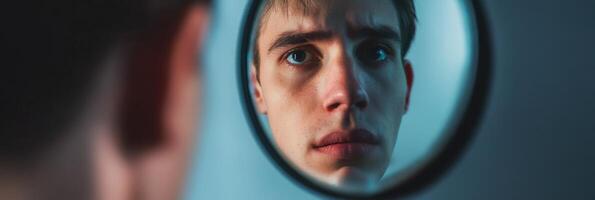 A man looking into a mirror with his face reflected photo