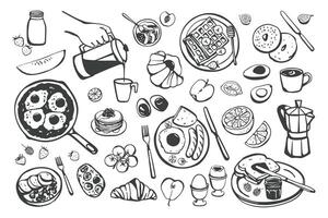 Set of various hand drawn simple breakfast meals sketches. Illustration isolated on white background vector
