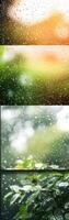 Rain droplets cascade down a glass window, creating a blurred backdrop of greenery and soft hues photo