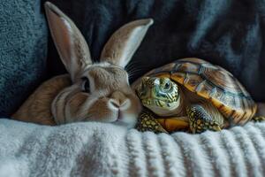 Cozy movie night featuring a rabbit and turtle enjoying a rom-com together in a warm and inviting setting photo