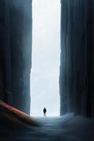 Quiet quest unfolds as a lone traveler journeys through a desolate canyon under an overcast sky photo