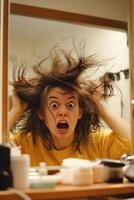Unexpected chaos unfolds in front of the mirror on a lazy Sunday morning revealing a bad hair day photo