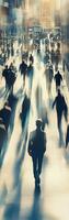 Urban crowd navigating a futuristic corridor with dynamic energy and spatial depth photo