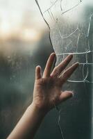 Longing for connection through a cracked window in a moment of solitude photo