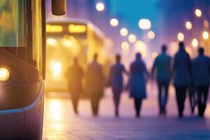 Clock is ticking as passengers dash to catch the departing bus at dusk in the bustling city photo