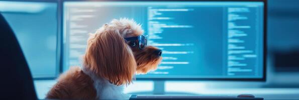 Clever dog sets up a network in a futuristic office, blending technology and fun with creativity and humor photo
