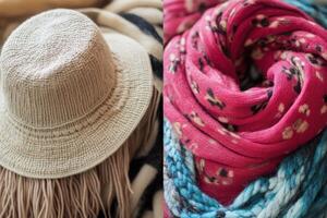 Chic transitions from summer sun hats to cozy winter scarves showcasing seasonal fashion evolution photo