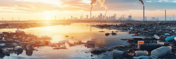 A polluted river with garbage and smoke stacks photo
