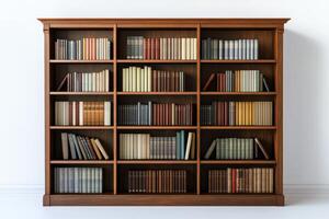 Beautifully arranged bookshelf filled with classic literature and elegant bindings on a clean white background photo