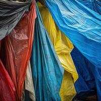 Vibrant tarps create a colorful shelter in an urban setting during early morning hours photo