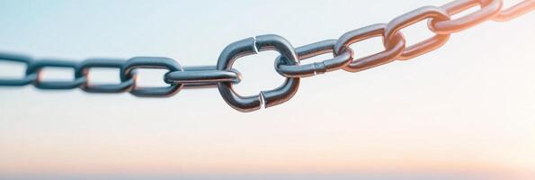 Symbolizing the fragility of trust with a broken chain link amidst a serene background photo