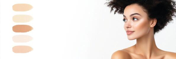 Model explores foundation options in bright studio, focusing on perfect shade matching for flawless beauty photo