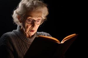 Senior woman reading a book with trifocal glasses highlights vision challenges and the need for eye care photo