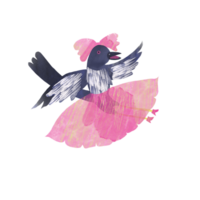 The magpie dressed up, put on a skirt, boots, and pinned a bow, and got ready for a date. It is being prepared for March 8th. The illustration is made in collage style with soft materials png