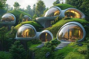 Diverse global team shares ideas in unique eco-friendly workspace. photo