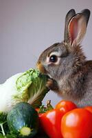 Comical rabbit teaches a human the benefits of healthy vegetables in a humorous setting at home photo