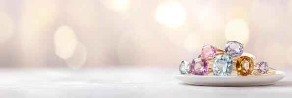 Vibrant display of multi-colored gemstone rings on a white ceramic dish creating a mesmerizing aesthetic photo
