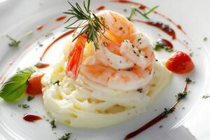 Gourmet shrimp dish elegantly plated with delicate flavors and vibrant ingredients in a creative culinary arrangement photo
