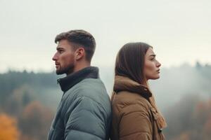 Couple standing apart during an emotional moment reflecting on unresolved issues and the struggle to forgive each other photo