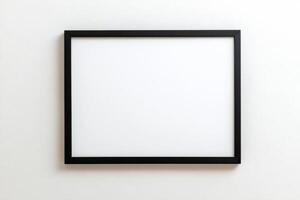 elegante negro lona marco mejorando moderno minimalismo en un sereno interior espacio con un brillante blanco pared foto