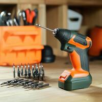 Cordless screwdriver resting on a workbench surrounded by various drill bits in a vibrant workshop setting photo