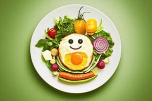 Creative food art featuring a playful arrangement of vegetables and eggs on a plate with vibrant colors photo